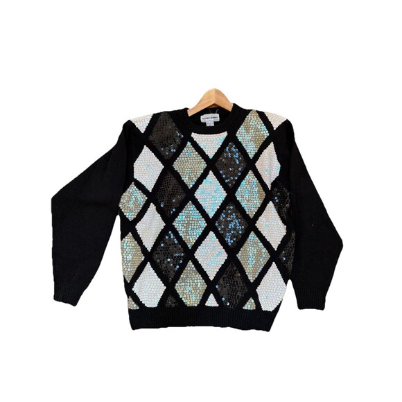 Vintage Alfred Dunner Sequin Sweater Diamond Patterns Black White XL - Picture 2 of 7